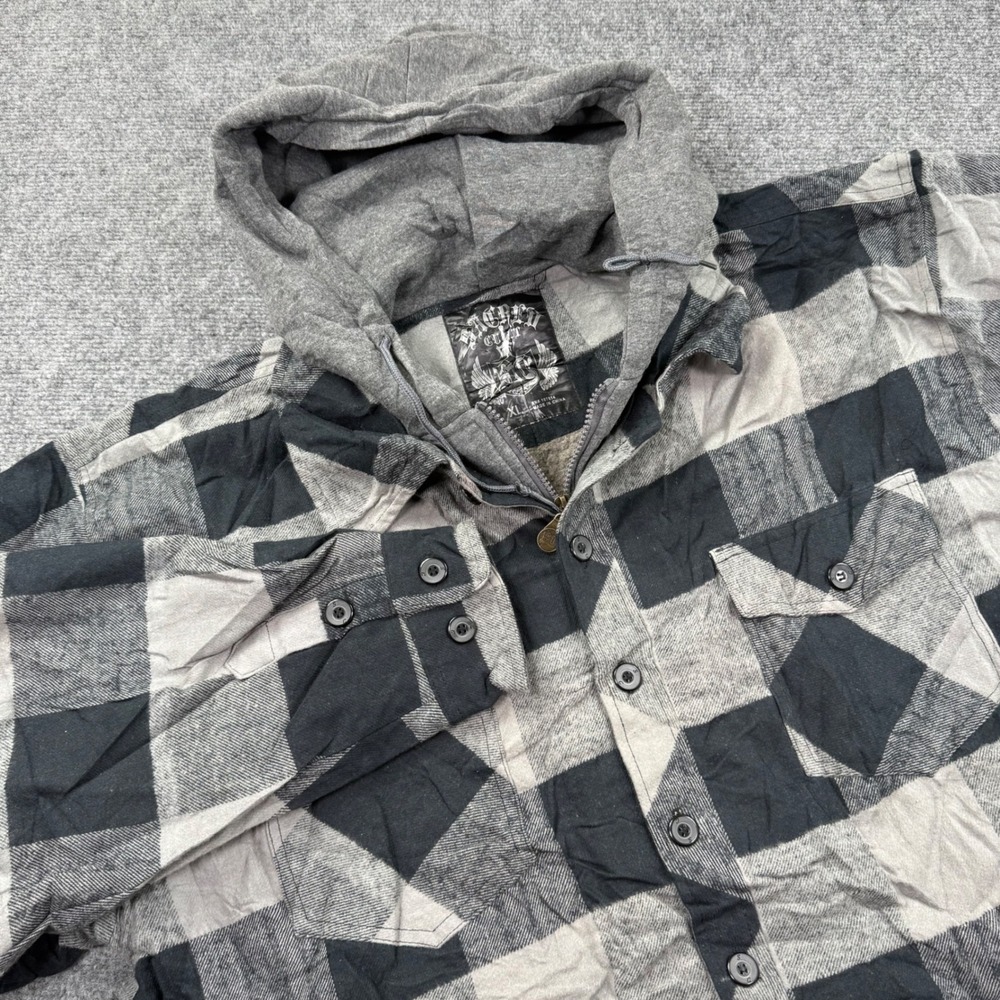 Sacred Cult Hooded Flannel Jacket XL Black Gray Sherpa Lined Buffalo Plaid Men's